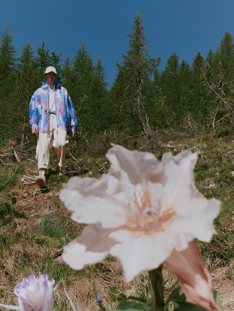 A walker on an alpine trail, pale cliff flower in the foreground