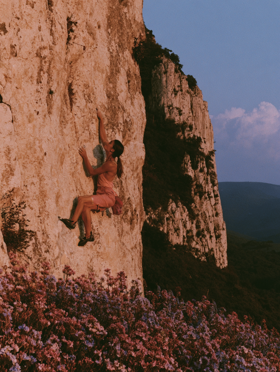 A climber on a cliff above blooming wildflowers